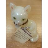 A Fenton Irridescent White Cat. Handpainted & Signed. With February Amethyst Stone Collar and