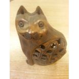 A Hand Carved Cat with Bird in Belly. 8cm high. A Nice Quirky Object in Very Good Condition