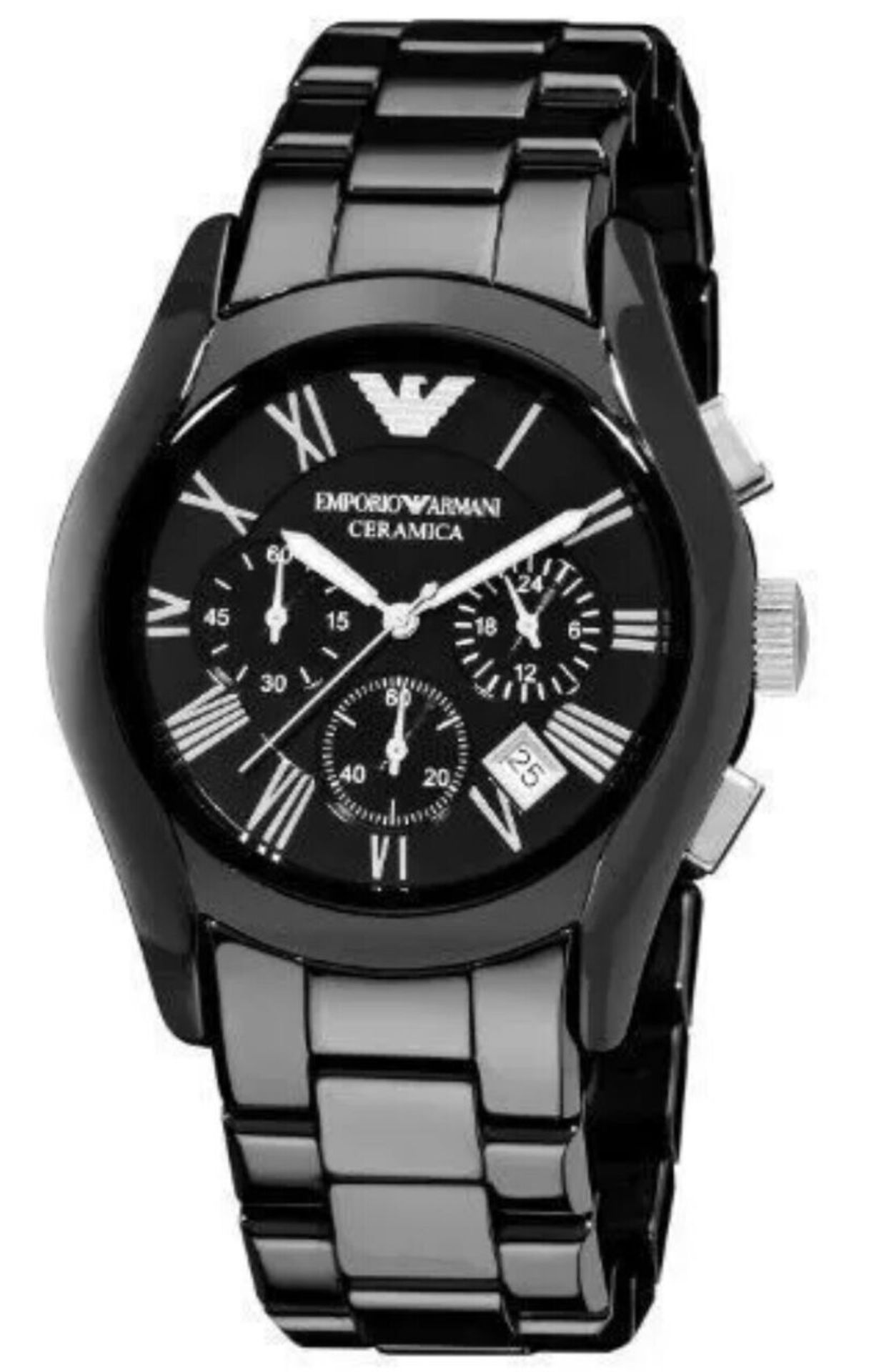 BRAND NEW EMPORIO ARMANI AR1400, GENTS BLACK CERAMICA CHRONOGRAPH WATCH, WITH A BLACK CERAMIC