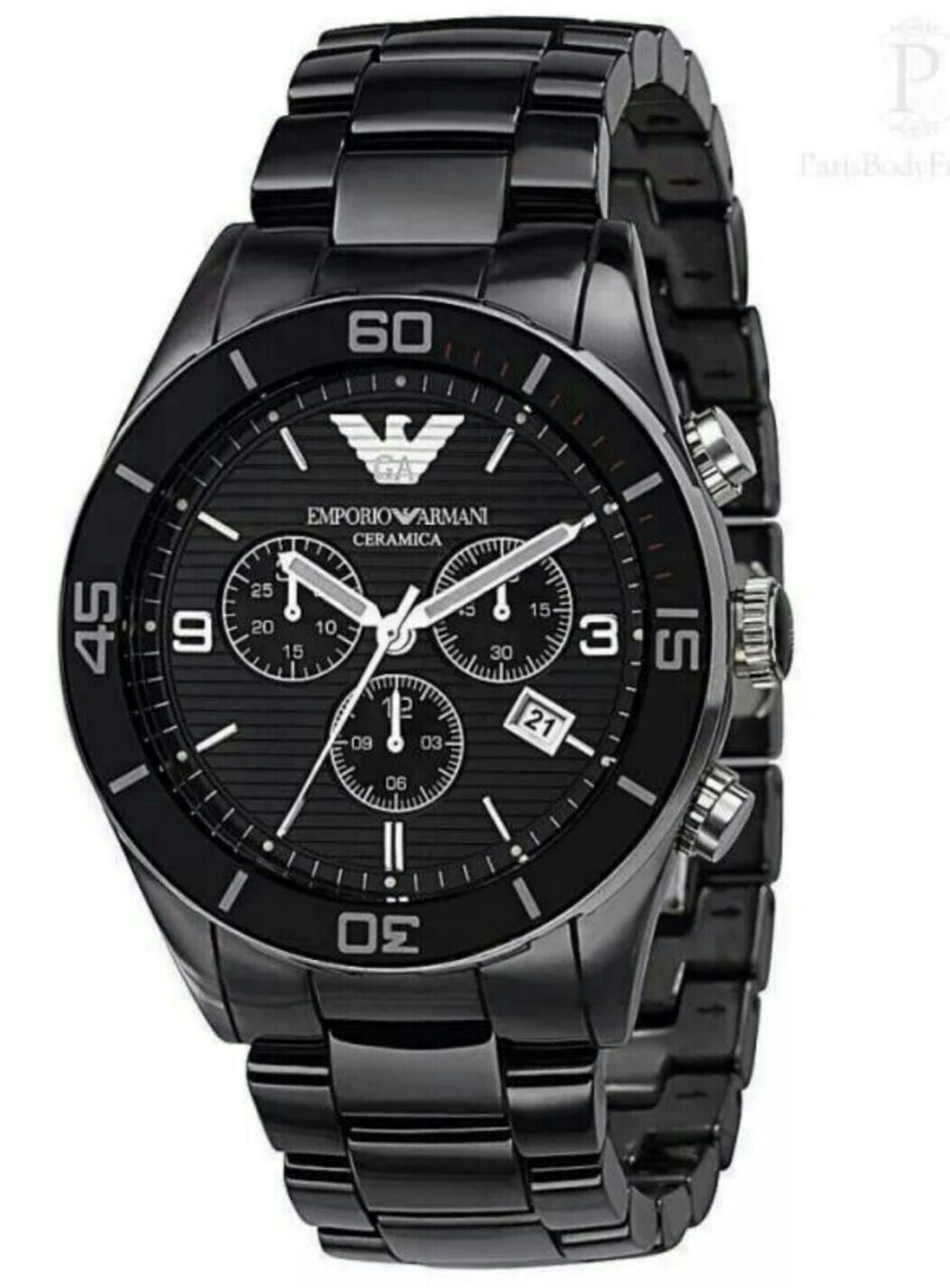 BRAND NEW EMPORIO ARMANI AR1421, GENTS BLACK CERAMICA CHRONOGRAPH WATCH, WITH BLACK CERAMIC BRACELET