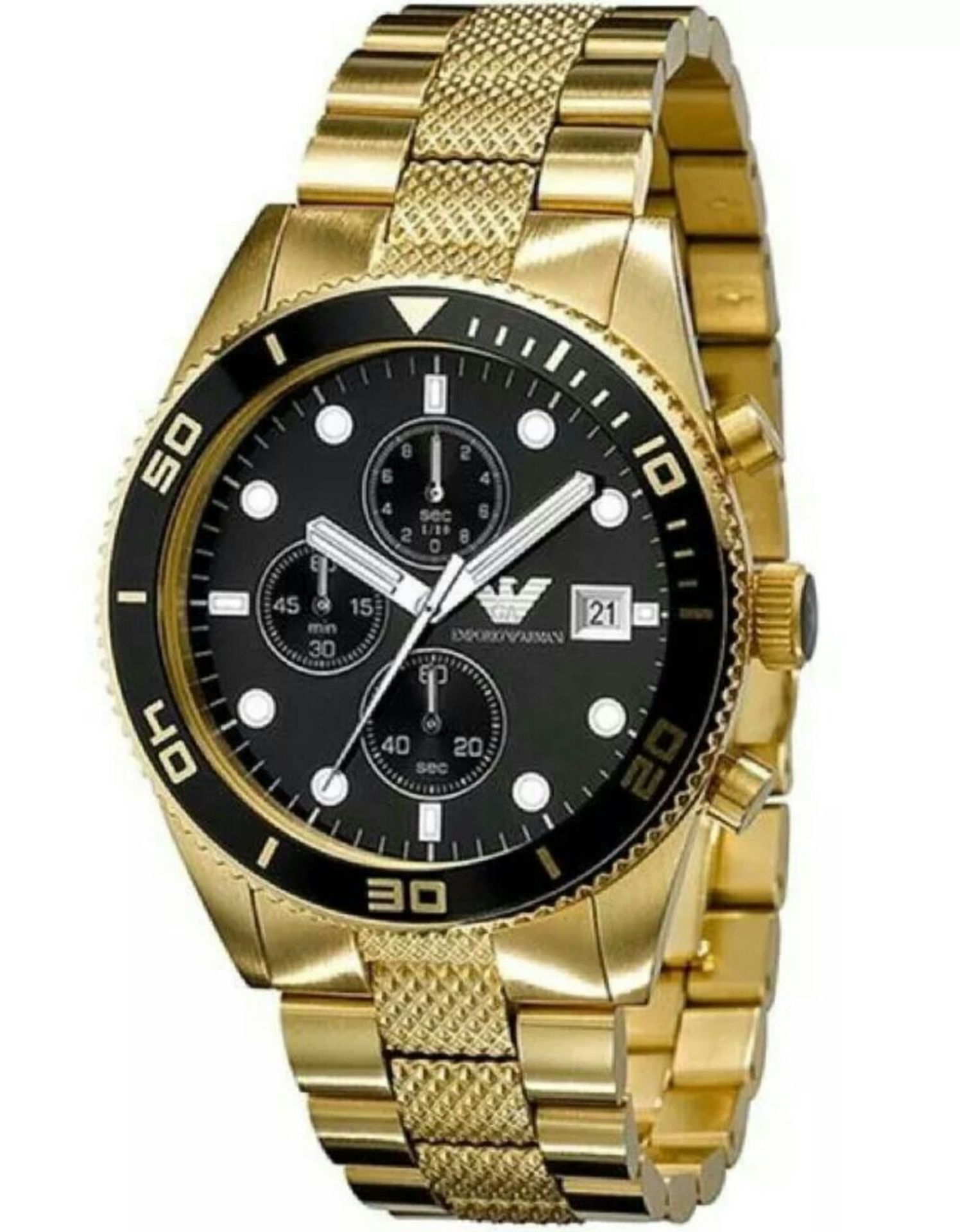 BRAND NEW EMPORIO ARMANI AR5857, GENTS GOLD COLOURED BRACELET CHRONOGRAPH WATCH WITH A BLACK