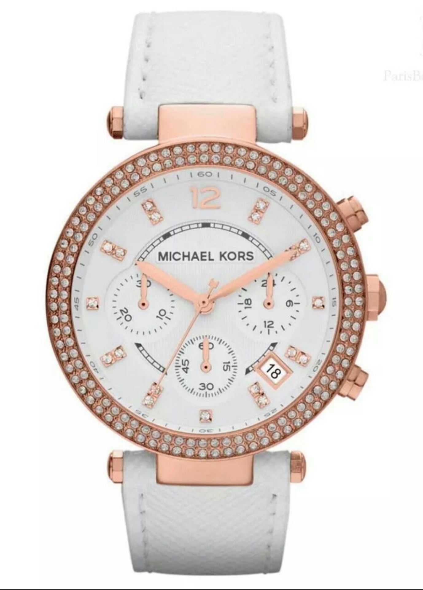 BRAND NEW MICHAEL KORS MK2281, LADIES ROSE GOLD PARKER CHRONOGRAPH WATCH WITH A WHITE LEATHER