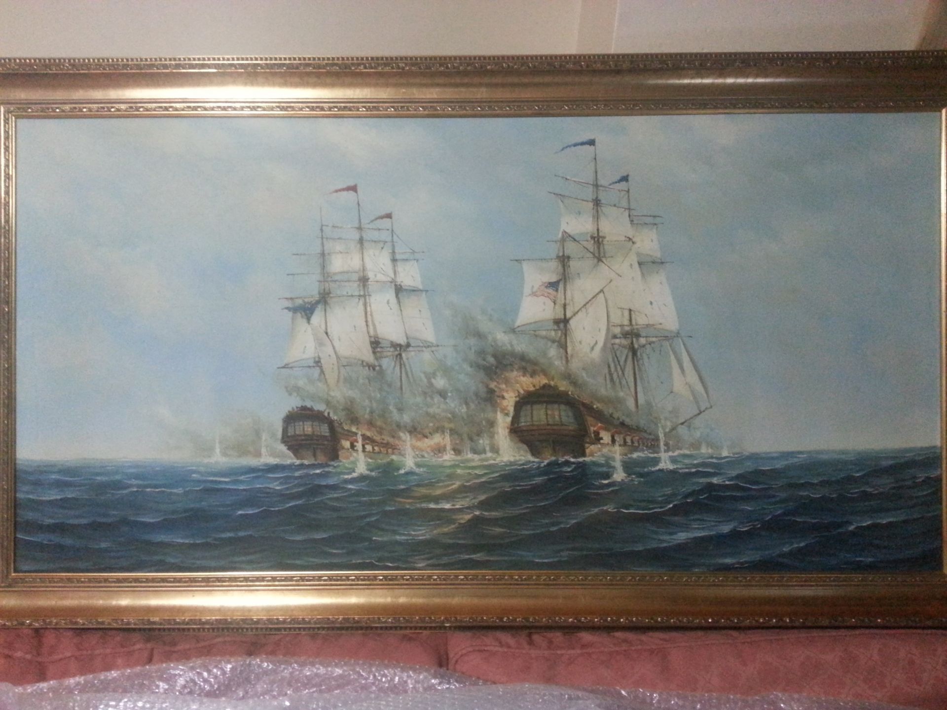 Signed oil on canvas american civil war marine battle painting.