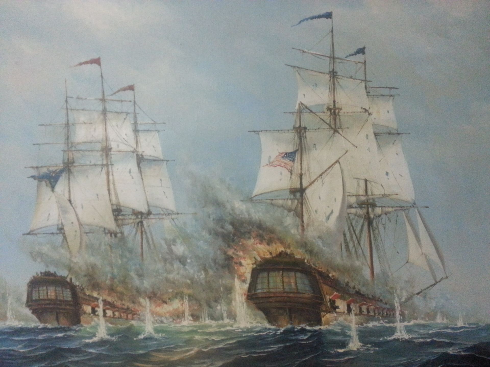 Signed oil on canvas american civil war marine battle painting. - Image 2 of 4