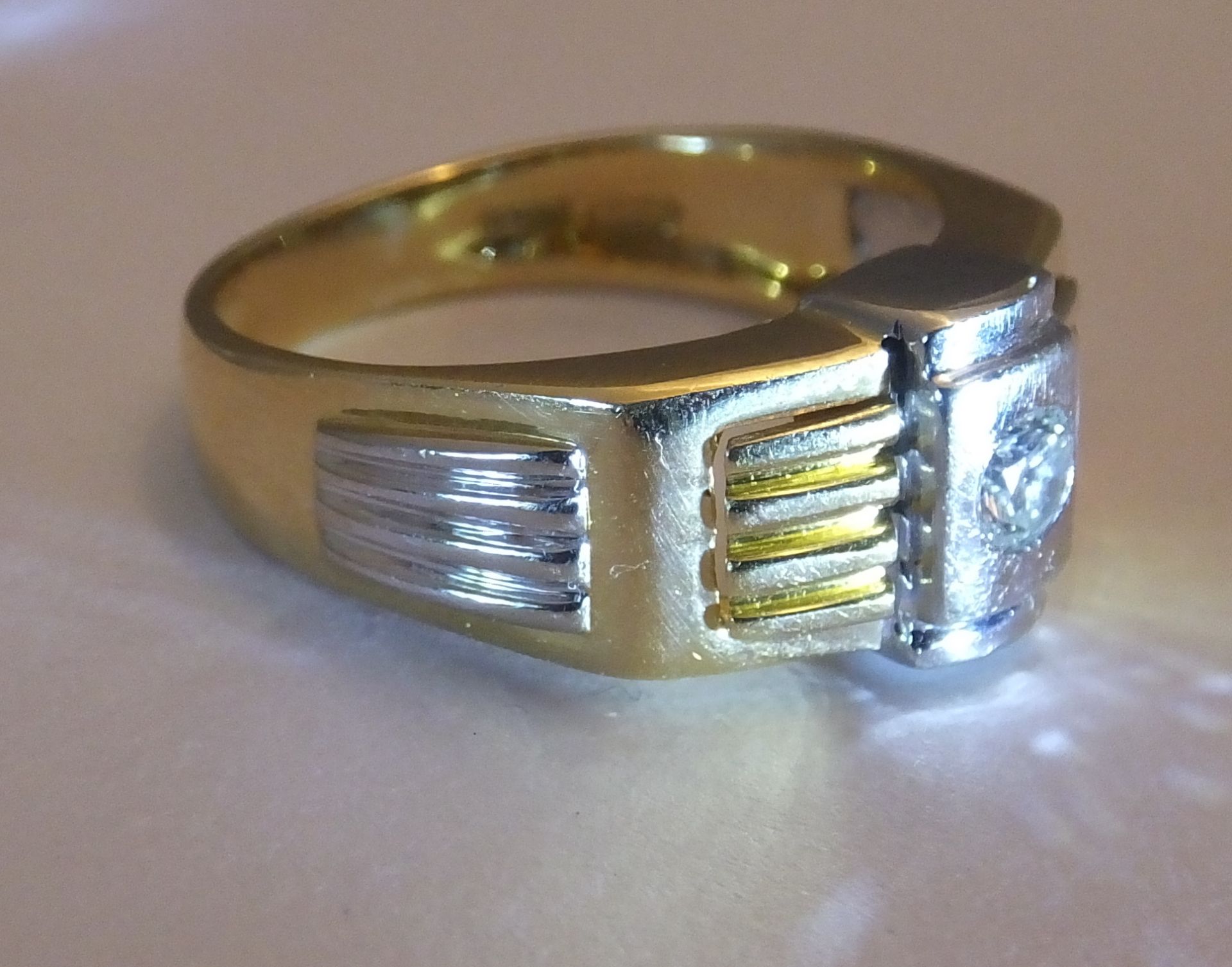 A gentleman's 18ct gold diamond ring. Size T. Of bi-colour design, the brilliant-cut diamond, - Image 2 of 3
