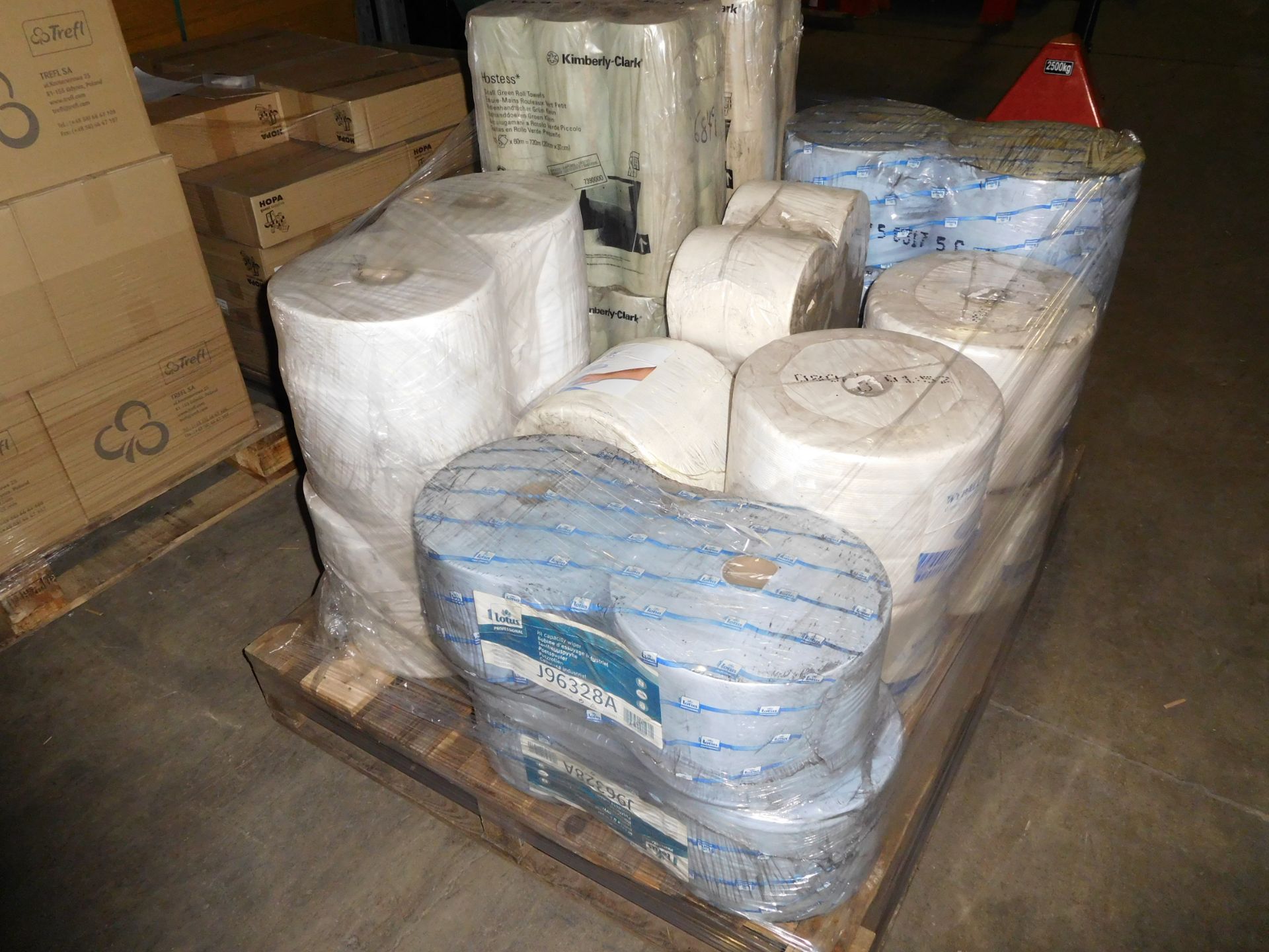 PALLET (100) TO CONTAIN: 48 x ROLLS OF KIMBERLY CLARK SMALL GREEN ROLL, 10 x LOTUS HIGH CAPACITY