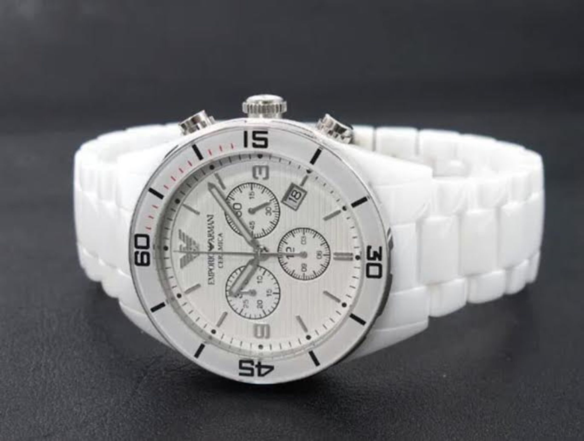 BRAND NEW EMPORIO ARMANI AR1424, GENTS WHITE CERAMICA CHRONOGRAPH WATCH, WITH A WHITE CERAMIC - Image 2 of 2