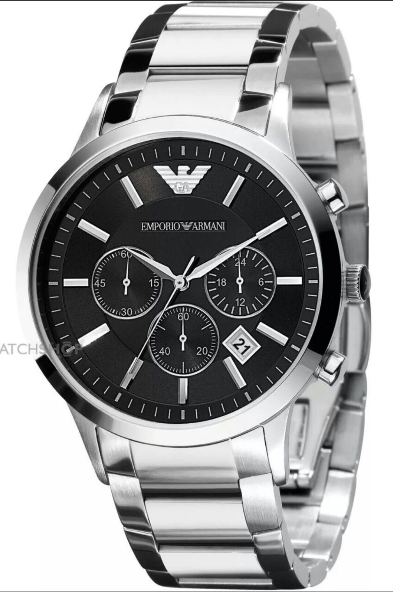 BRAND NEW EMPORIO ARMANI AR2434, GENTS POLISHED STAINLESS STEEL BRACELET WATCH, WITH A BLACK