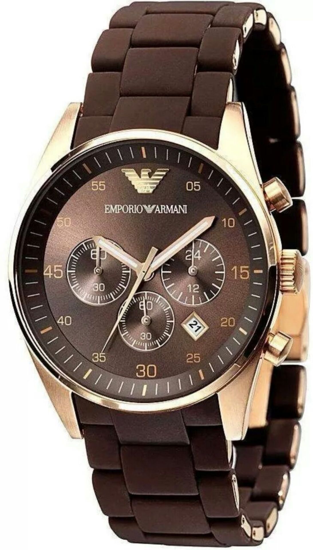 BRAND NEW EMPORIO ARMANI AR5890, GENTS SPORTIVO CHRONOGRAPH WATCH,ROSE GOLD WITH BROWN RUBBER OVER