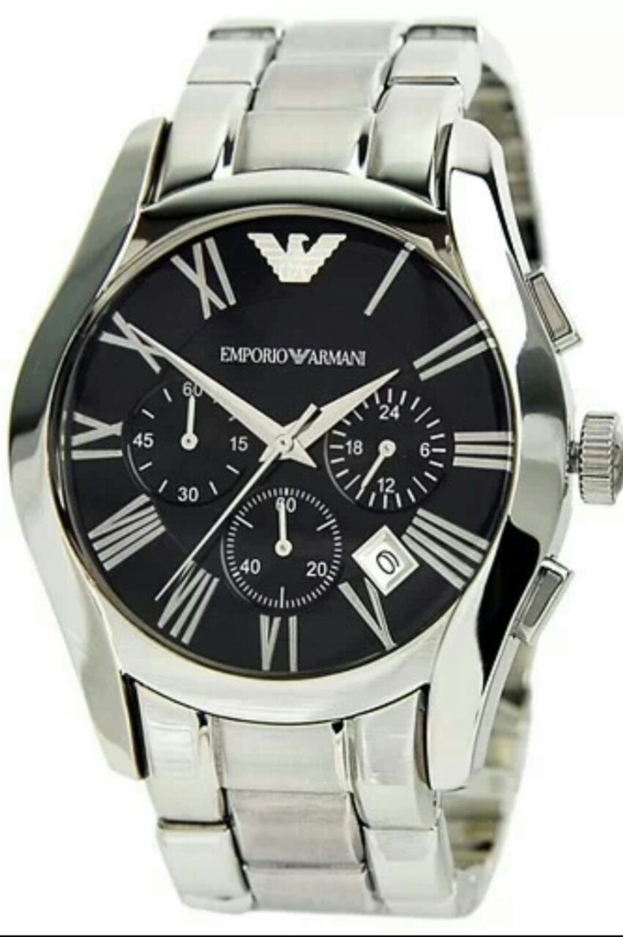 BRAND NEW EMPORIO ARMANI AR0673, GENTS POLISHED STAINLESS STEEL BRACELET WATCH, WITH A BLACK