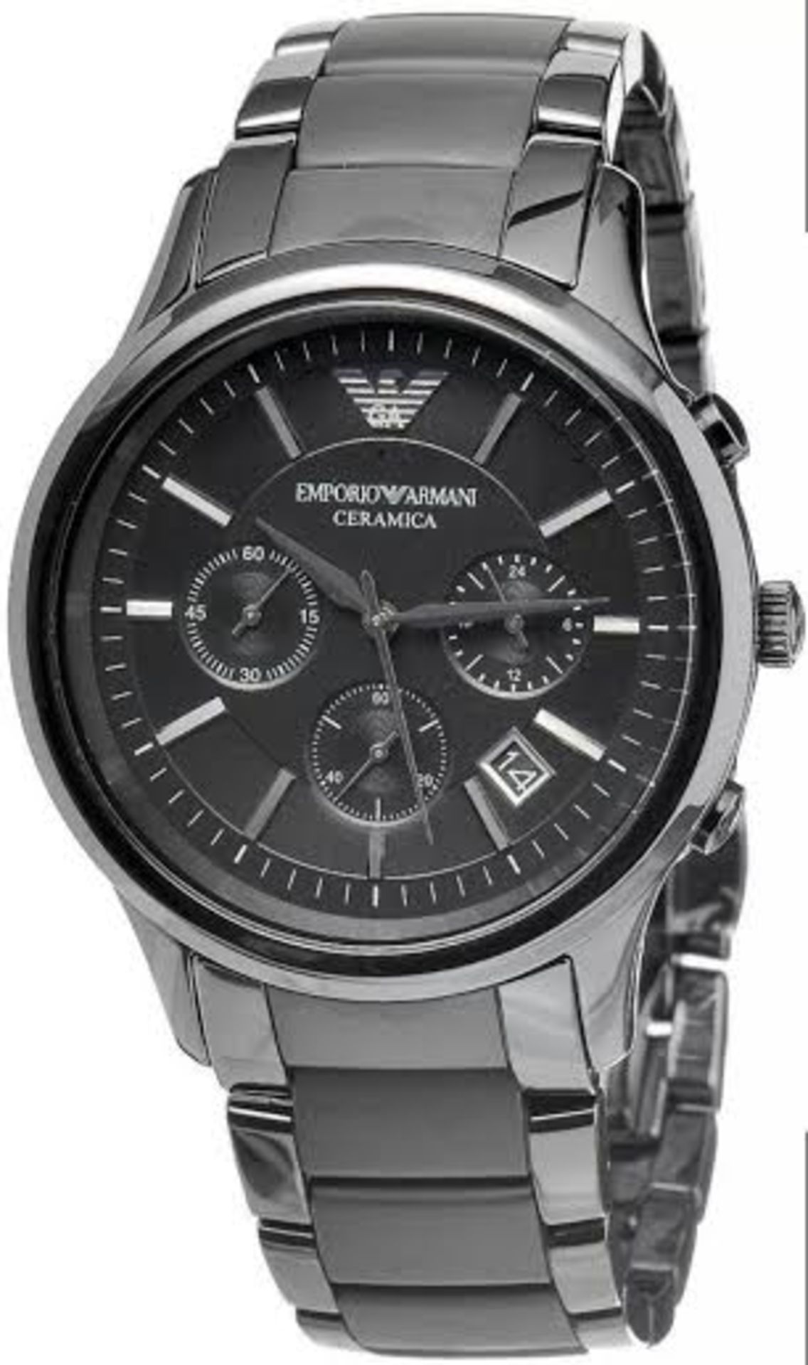 BRAND NEW EMPORIO ARMANI AR1452, GENTS BLACK CERAMICA CHRONOGRAPH WATCH, WITH A BLACK CERAMIC