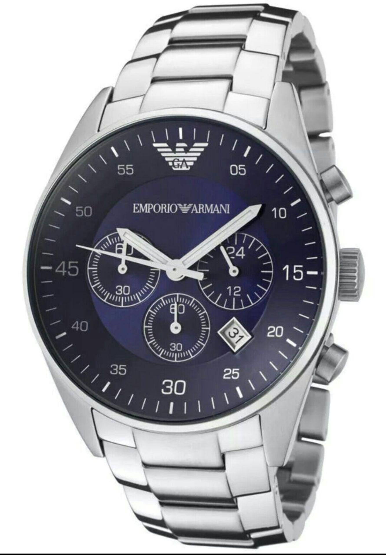 BRAND NEW EMPORIO ARMANI AR5860, GENTSPOLISHED STAINLESS STEEL BRACELET WATCH, WITH A BLUE