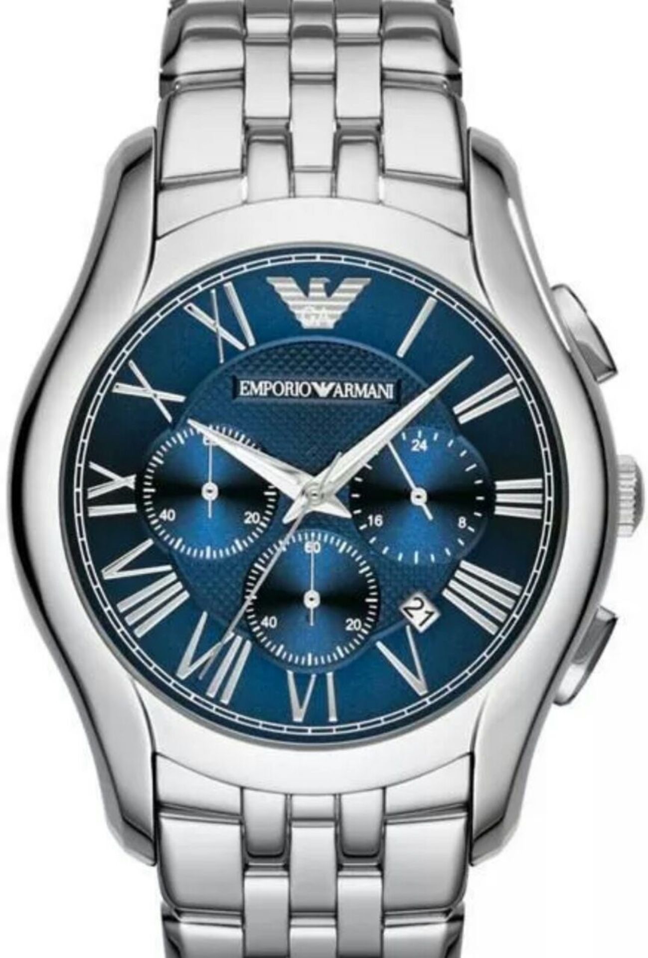BRAND NEW EMPORIO ARMANI AR1787, GENTS POLISHED STAINLESS STEEL BRACELET WATCH, WITH A BLUE CIRCULAR