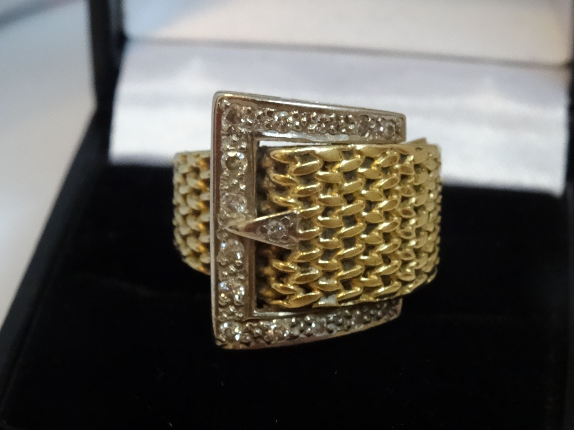 18 Carat Yellow & White Gold Milanese Style Diamond Buckle Ring.