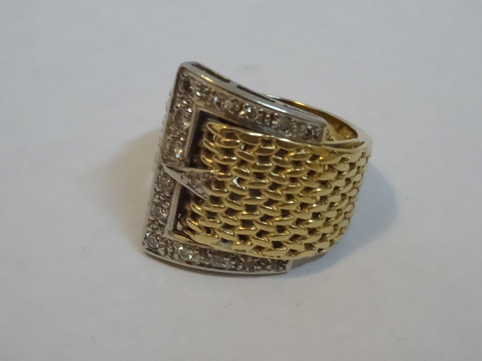 18 Carat Yellow & White Gold Milanese Style Diamond Buckle Ring. - Image 3 of 5