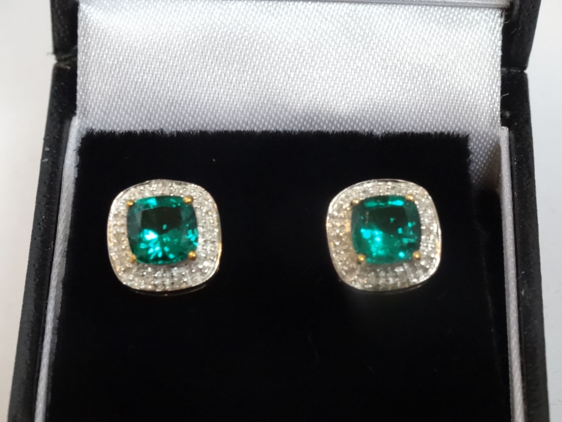 9 Carat Yellow & White Gold Pair of Diamond & 'Emerald Looking' Stone Earrings. - Image 2 of 2