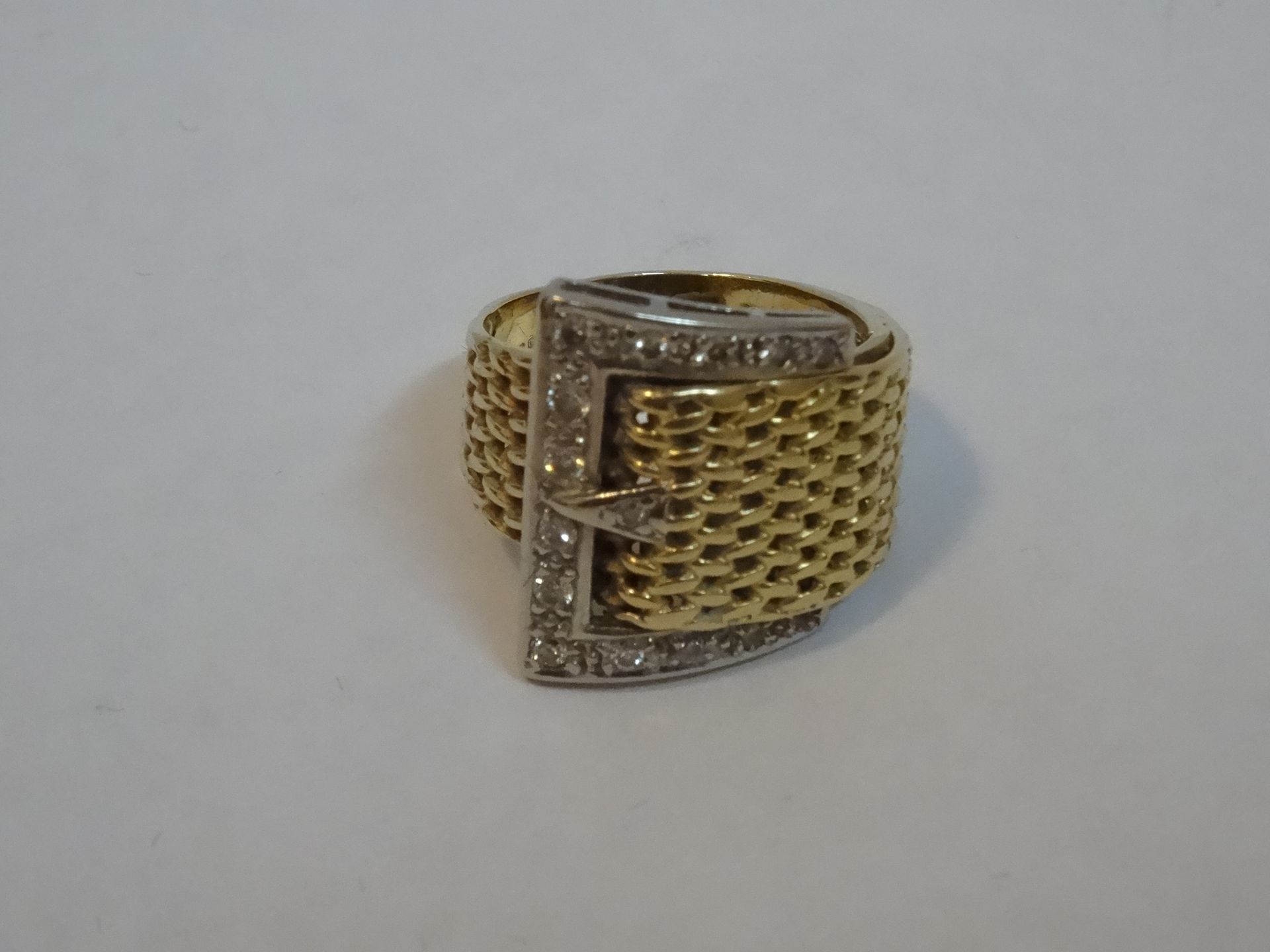 18 Carat Yellow & White Gold Milanese Style Diamond Buckle Ring. - Image 4 of 5