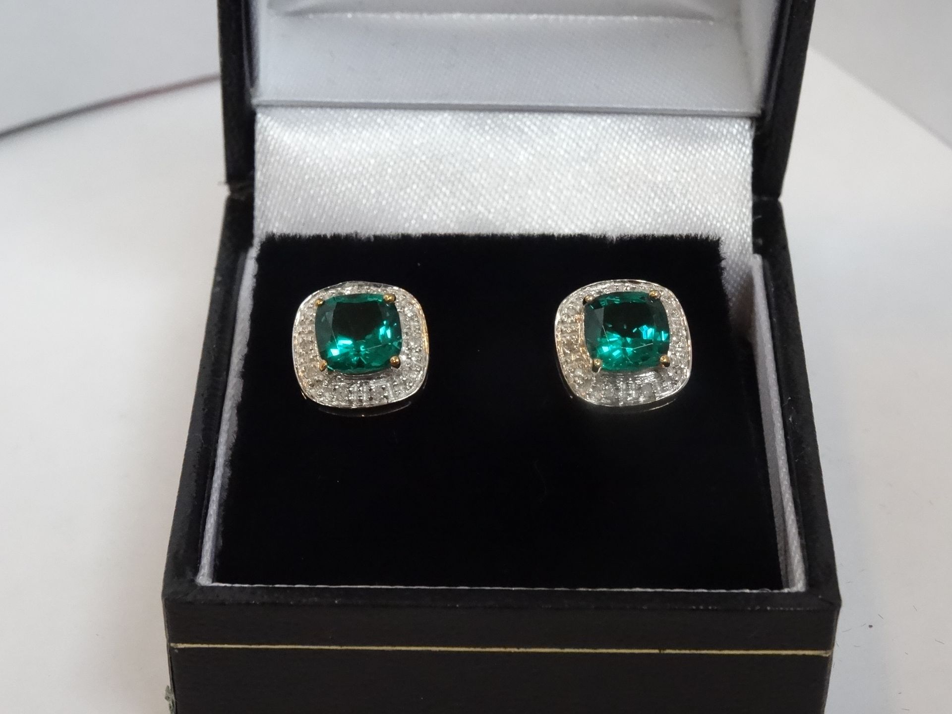 9 Carat Yellow & White Gold Pair of Diamond & 'Emerald Looking' Stone Earrings.