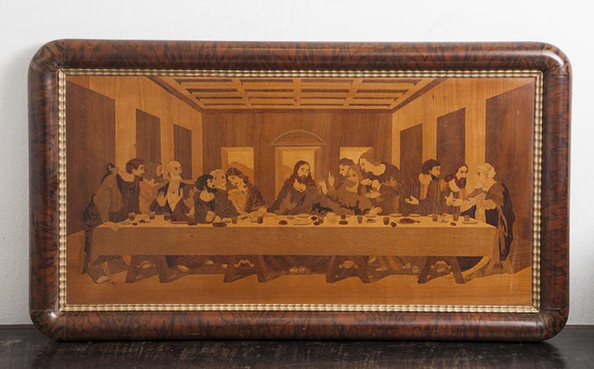 Bildplatte, Intarsienarbeit aus versch. Edelhölzern, Darst. d. letzten Abendmahls, wohl um 1910/