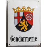 Altes Emailschild, Wappen v. Rheinlandpfalz, Aufschrift "Gendamerie", Georg Sauerbrey,Koblenz. Ca.