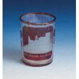 Zylinderförmiges Glas, teils rot bemalt, in der Ansicht gravierte Darst. m. Bezeichnung"Altes Schloß