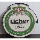 Emailschild, "Licher Bier". Ca. 36 x 40 cm.