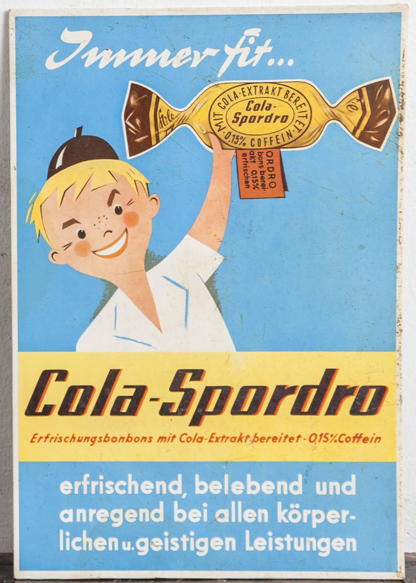 Werbeaufsteller, Pappe, farbig bedruckt, wohl 1920/30er Jahre, "Immer fit - Cola Sporda,
