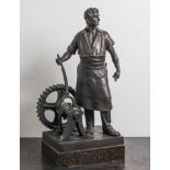 Küchler, Rudolf (1867-1954), auf einem Marmorsockel stehender Werkarbeiter an einerMaschine, Bronze,