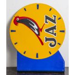 Emailschild "Jaz", Uhren Frankreich 1950er Jahre. Ausleger von beiden Seiten gleichemailliert.