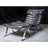Arne Norell, Ari Lounge Chair m. Fußhocker, Schweden 1966, schw. Bezug aus Büffelleder(