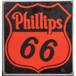 Emailschild, "Phillips 66". Ca. 30,5 x 28,5 cm.