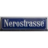 Altes Wiesbadener Straßenschild, "Nerostrasse", Originalstück. Ca. 19 x 68 cm.Mindestpreis: 50 EUR
