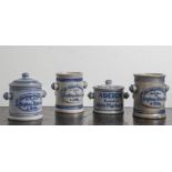 Vier Kautabak-Töpfe, um 1900, graues Steinzeug, blau glasiert, bez. Marburger Kautabak ausder Fabrik