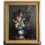 Ribot, Germain Théodore Clement (1845-1893), Blumenstrauss in Porzellanvase mit blauemDekor,