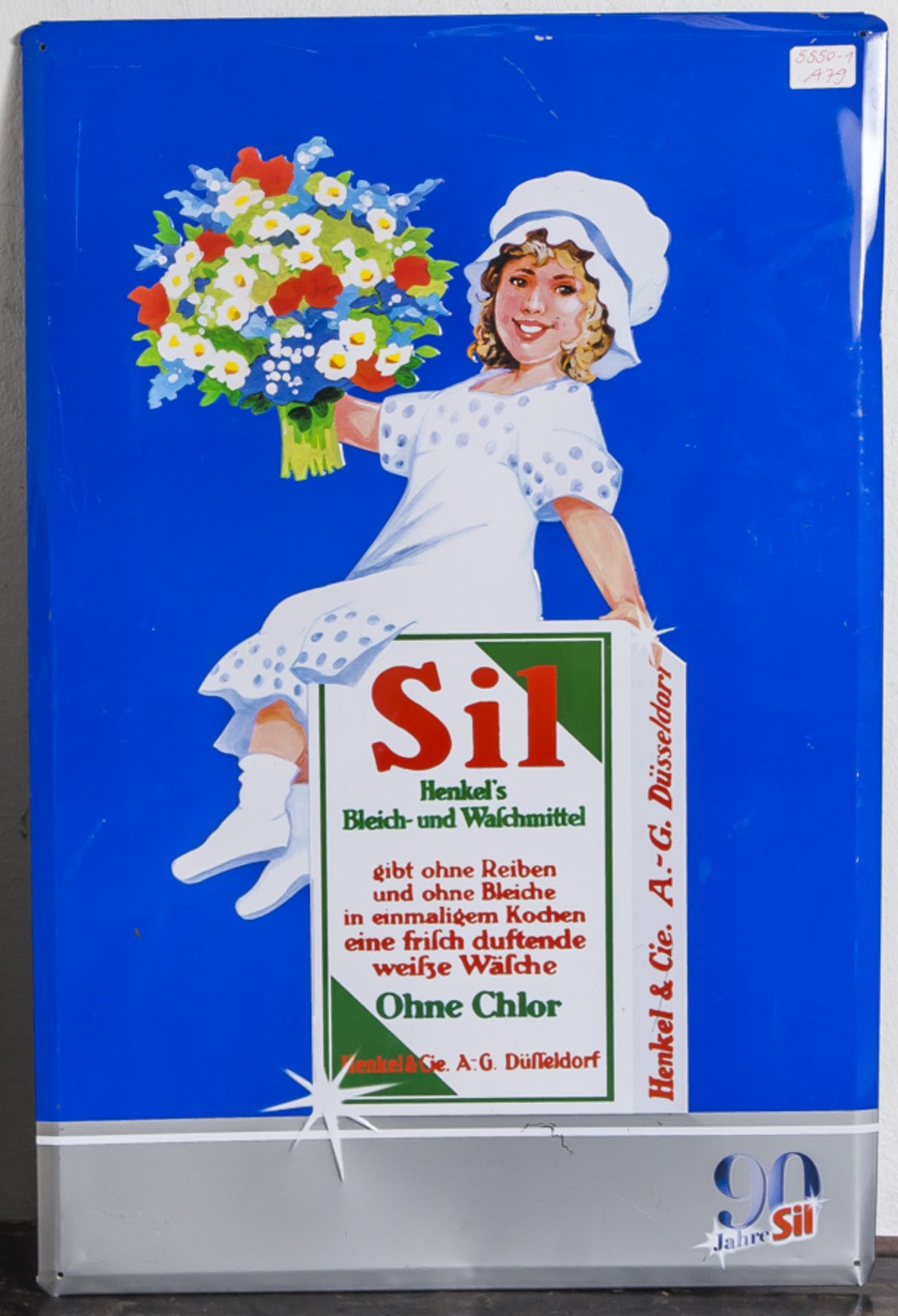Werbeblechschild, Sil, Henkels's Bleich und Waschmittel, 90 Jahre Sil. Neuzeitl. FarbigerPrägedruck.