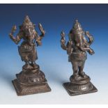 2 Ganesha-Figuren, Indien, 19. Jahrhundert, Bronze, auf Sockel stehende vierarmigeElefantengottheit,