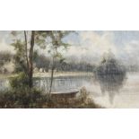 Unbekannter Künstler (19. Jahrhundert), Sommerliche Seenlandschaft mit Kahn undBauernkate, Öl/Lw.,