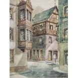 Unbekannter Maler, Altstadtansicht Fischtorstraße in Mainz, Aquarell, farbig, z. T. weißgehöht,