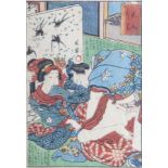 "Shunga", Farbholzschnitt, Japan, um 1860, erotische Darstellung. Ca. 18 x 12 cm.Mindestpreis: 50