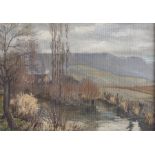 Schink, Gemälde Öl/Lw., Herbstliche Flußlandschaft mit BauernkateMindestpreis: 30 EUR