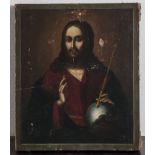 Russische Ikone, Jesus m. Sphaira u. Zepter in der linken Hand, 19. Jahrh., Tempera/Holz,rücks.