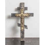 Handkreuz, Metall, versilbert, in Messingblech aufgelegtes Bildnis "Jesus am Kreuze", 19,Jahrh. H.
