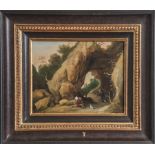 Unbek. Maler, Öl/Holzplatte, Felsige Landschaft mit einem Vogelhändler mit seinemHündchen, 18./19.