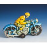 TippCo, Blechmotorrad m. Fahrer, Farbe blau/gelb, Schwungradantrieb (kein Nachbau). L. ca.16 cm.