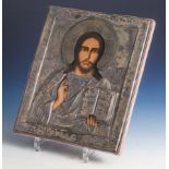 Ikone, Polen, 20. Jahrhundert, Jesus Pantokrator, Spritztechnik auf Holz, versilbertesMetalloklad,