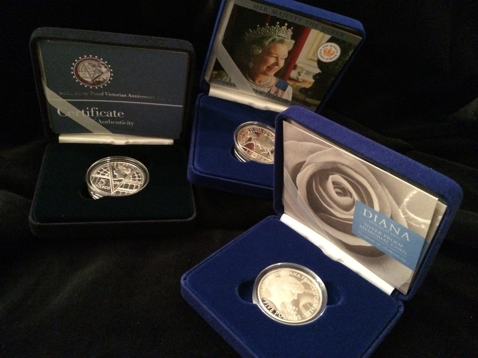 Three silver proof boxed crowns Victorian Anniversary,Golden Jubilee 2002, Diana Princess of Wales