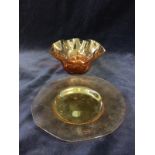 James Powell Dark Amber glass finger bowl & saucer with throne wavy rim probably designed by Harry