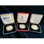 Three silver proof crowns in original boxes with COA 1999 Total Solar Eclipse, Golden Wedding,