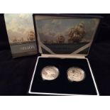 A presentation box set of two silver proof Crowns celebrating the 200th Anniversary of Trafalgar