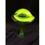 Stourbridge opalescent uranium glass spill vase with folded rim & Bohemina green glass vase optic